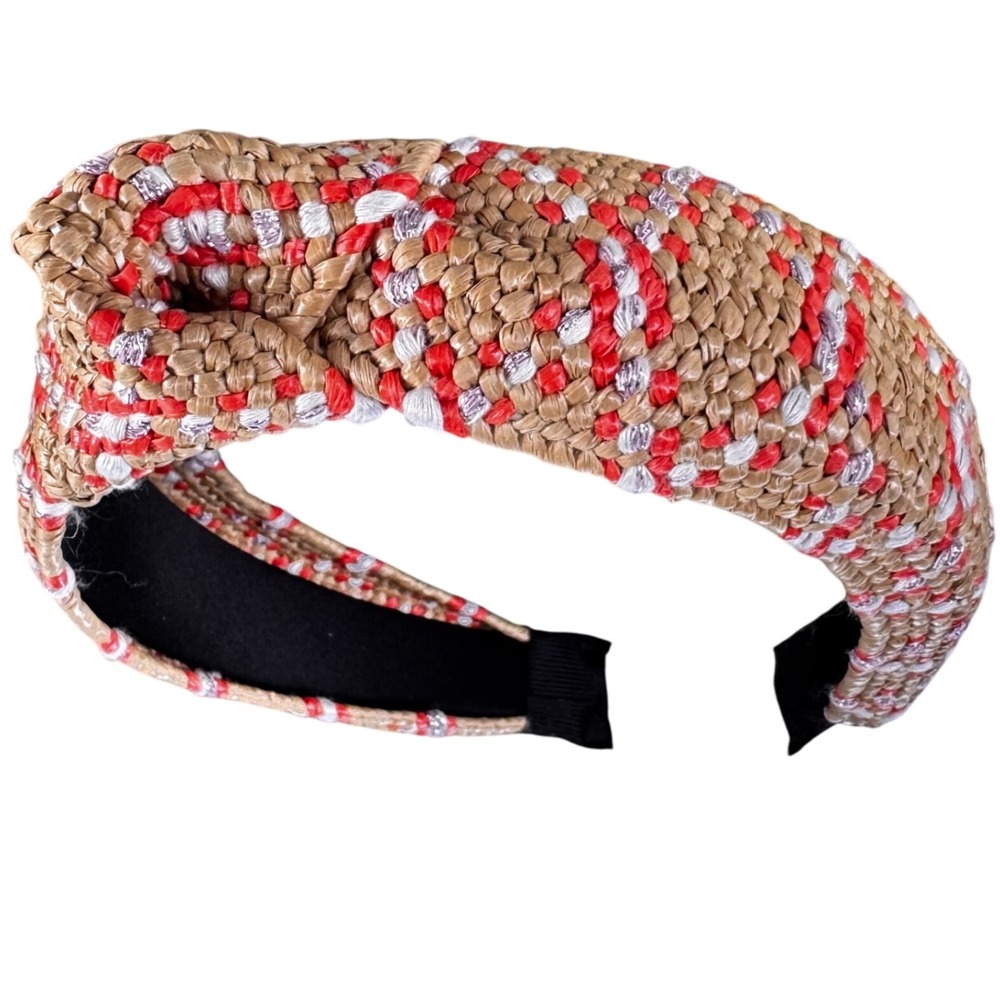 Handwoven Raffia‎ Red & Tan Knotted Headband Handcrafted Fashion Hair Accessory